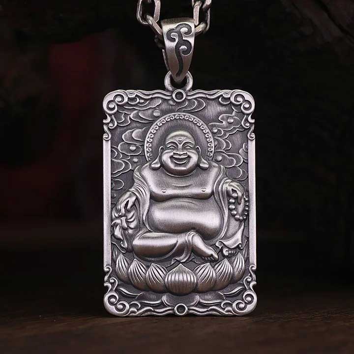 A rectangular pendant depicting the Laughing Buddha