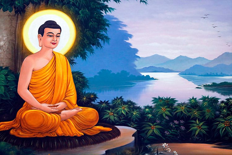An illustration of the Buddha meditating under the Bodhi tree. It symbolizes the moment of enlightenment that inspired the spiritual significance of the Bodhi seed mala.