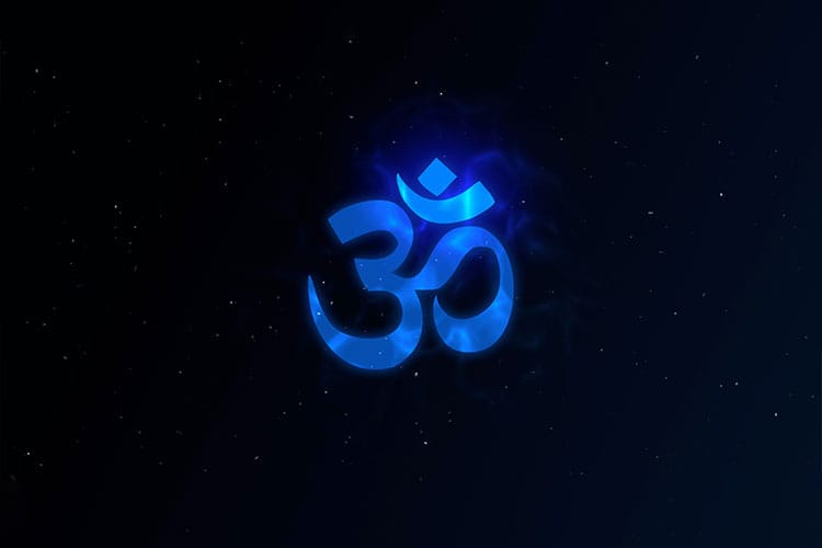 Glowing blue Om symbol floating in a dark cosmic space, representing inner stillness and visualization during meditation.
