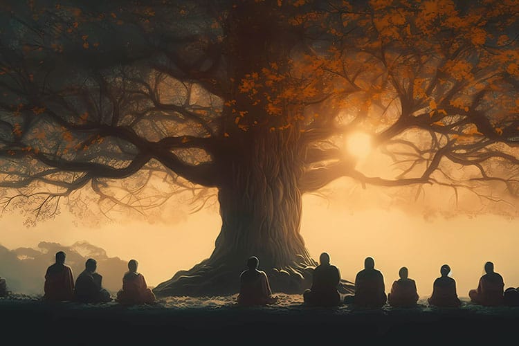 People meditating beneath a radiant Bodhi tree at sunrise, symbolizing enlightenment, resilience, and spiritual awakening.