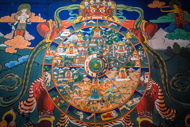 The Wheel of Life (Bhavachakra) - a Buddhist symbolic representation of samsara, impermanence, and suffering, central to understanding grief in Buddhism.