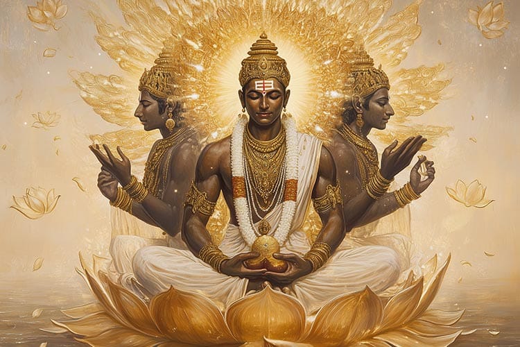 Symbolic depiction of the Hindu Trimurti - Brahma, Vishnu, and Shiva - seated in meditation on a golden lotus. It represents the cosmic elements of creation, preservation, and destruction in relation to Aum.