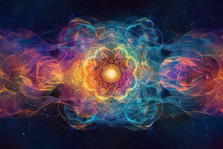 Sacred geometry radiating cosmic vibrations. It symbolizes the concept of Nāda Brahma - sound as the essence of creation.