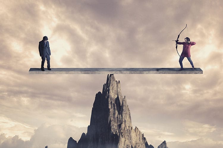 A person aiming a bow at another on the same beam suspended over a mountain symbolizing how harmful intentions can lead to self-destruction - an illustration of karma.