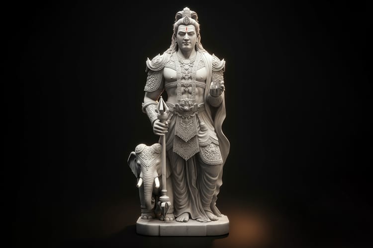 A detailed statue of Indra, the king of gods in ancient mythology, holding a Vajra and standing beside an elephant. The sculpture embodies divine authority, spiritual protection, and the dual forces of destruction and enlightenment.
