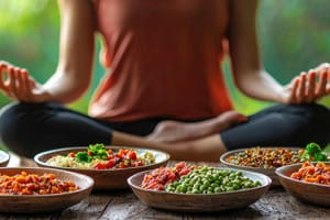 Women meditating in front of vegetarian food