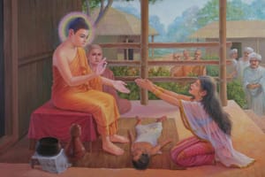 Kisa Gotami seeks the Buddha's help after losing her child.